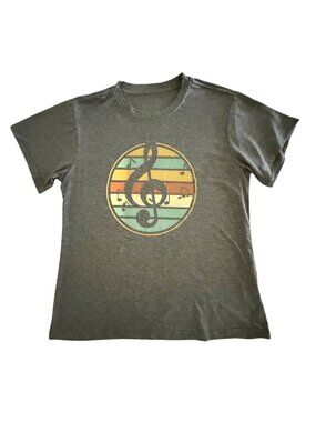 Music Notes Shirt Size L Retro Treble Clef Graphic Tee Gray